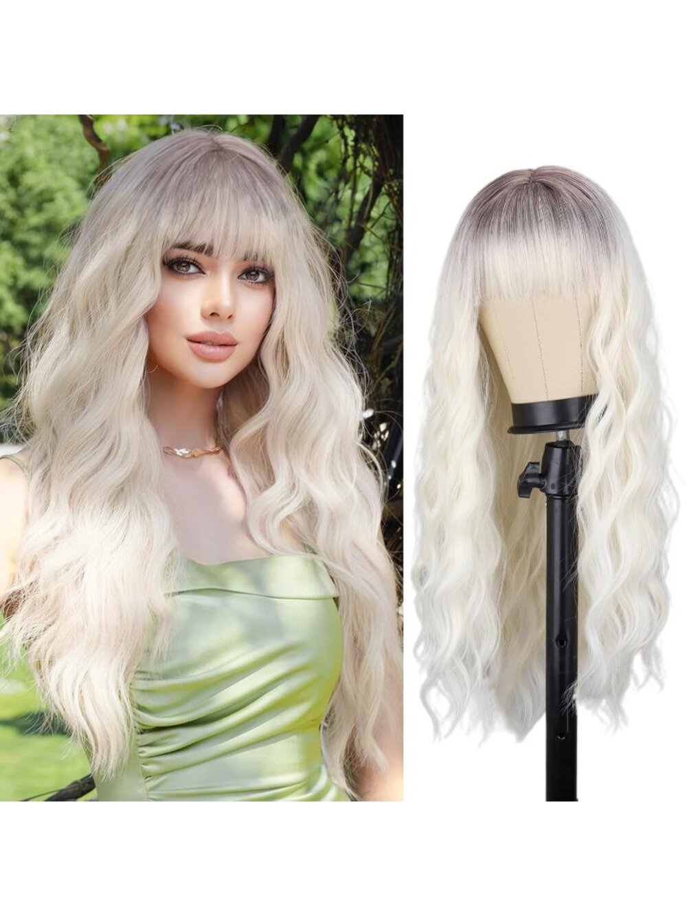 Women's Silver 26 Inch Layered Curly Long Wavy Ash Blonde Natural Wigs